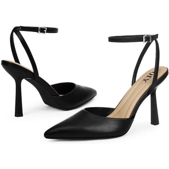 Women Black Pu Pumps Stiletto Wedding Dress Closed Toe Ankle Strap Heel Shoes - Picture 3 of 7
